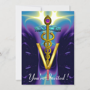 GULD CADUCEUS VETERINÄR SYMBOL Blue Lila Inbjudningar