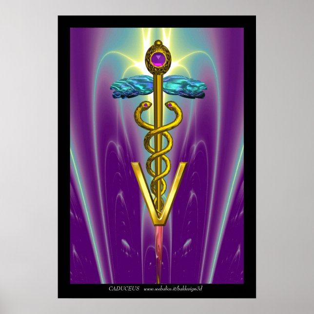 GULD CADUCEUS VETERINÄR SYMBOL Blue Lila Poster (Framsidan)