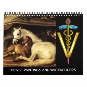 GULD CADUCEUS VETERINÄR SYMBOL HORSES FINE ART KALENDER