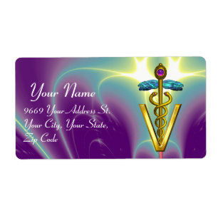 GULD CADUCEUS VETERINÄR SYMBOL Lila Aqua Blue Fraktsedel
