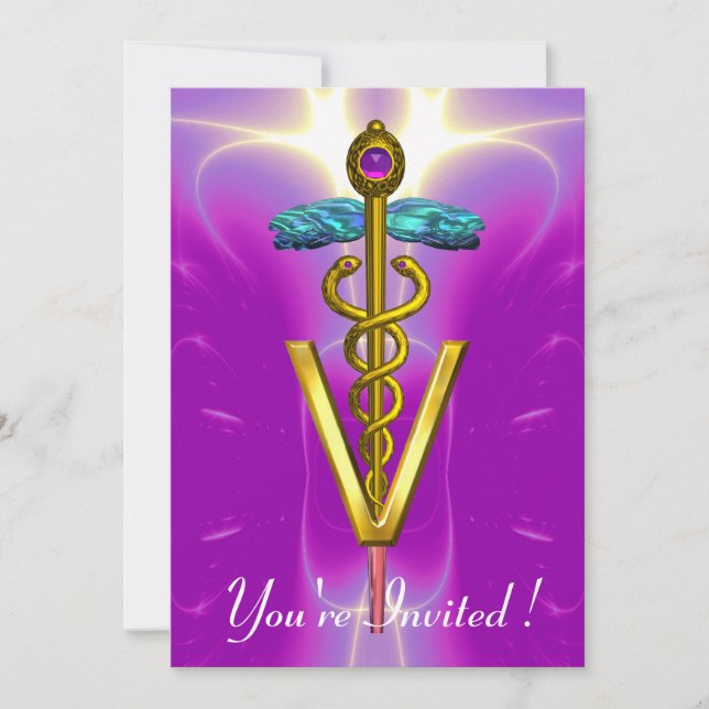 GULD CADUCEUS VETERINÄR SYMBOL Rosa Fuchsia Inbjudningar (Framsida)