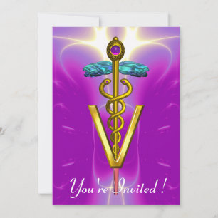 GULD CADUCEUS VETERINÄR SYMBOL Rosa Fuchsia Inbjudningar