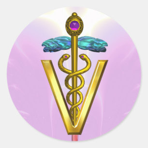 GULD CADUCEUS VETERINÄR SYMBOL Rosa Vit Runt Klistermärke
