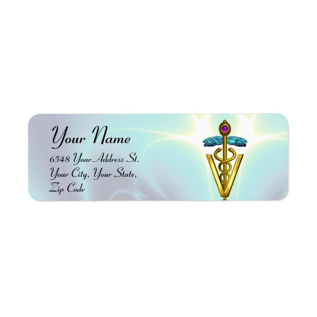 GULD CADUCEUS VETERINÄR SYMBOL Teal Blue Returadress Etikett (Framsidan)