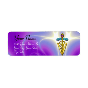 GULD CADUCEUS VETERINÄR SYMBOL,VÄLT,Lila Returadress Etikett