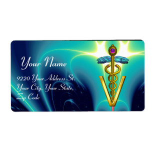 GULD CADUCEUS VETERINÄRSYMBOL, vattenblått, teal Fraktsedel