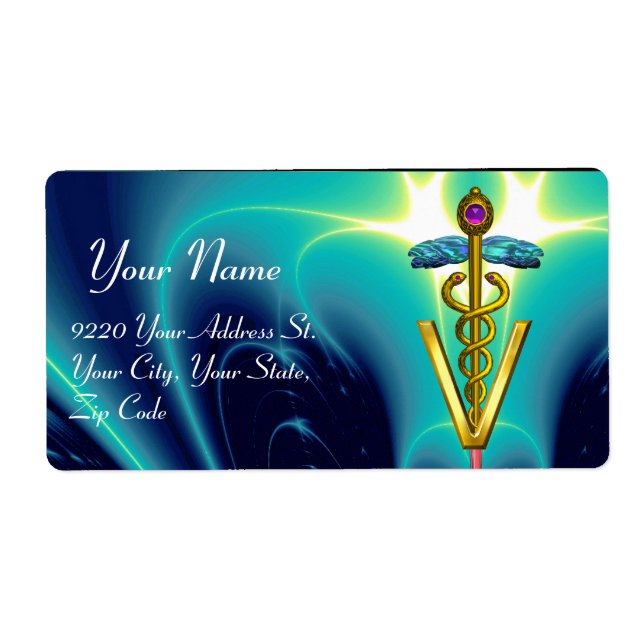 GULD CADUCEUS VETERINÄRSYMBOL, vattenblått, teal Fraktsedel (Framsidan)