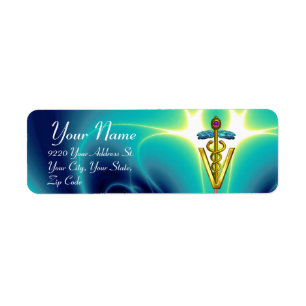 GULD CADUCEUS VETERINÄRSYMBOL, vattenblått, teal Returadress Etikett