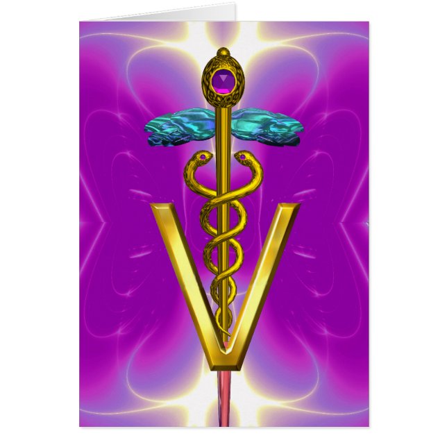 GULD CADUCEUS VETERINARY SYMBOL Rosa Fuchsia Hälsningskort (Framsidan)