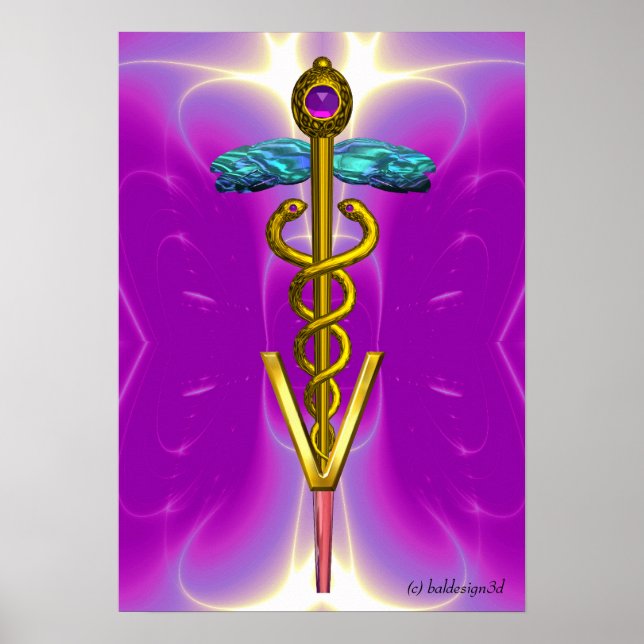 GULD CADUCEUS VETERINARY SYMBOL Rosa Fuchsia Poster (Framsidan)
