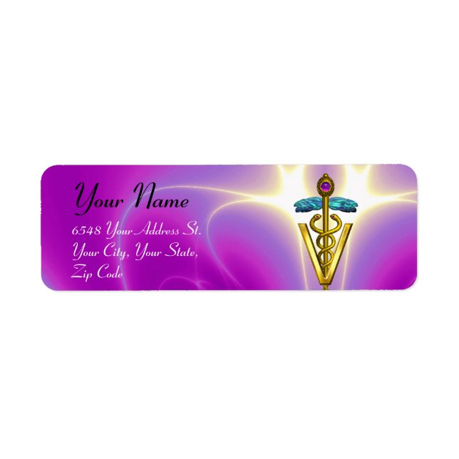 GULD CADUCEUS VETERINARY SYMBOL Rosa Fuchsia Returadress Etikett (Framsidan)