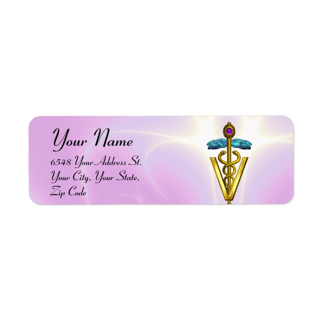 GULD CADUCEUS VETERINARY SYMBOL Rosa Lilac Returadress Etikett (Framsidan)