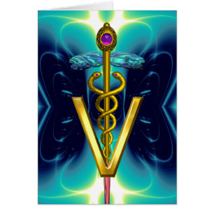 GULD CADUCEUS VETERINARY SYMBOL Turcos Blue Hälsningskort