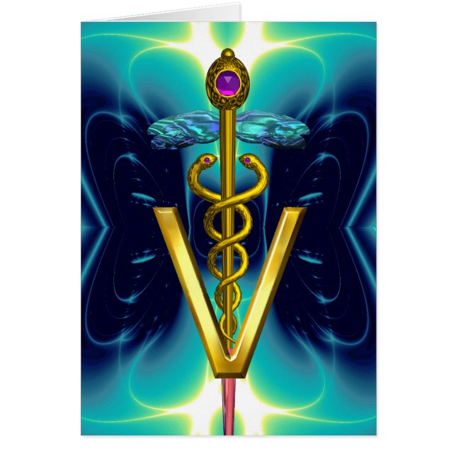 GULD CADUCEUS VETERINARY SYMBOL Turcos Blue Hälsningskort (Framsidan)