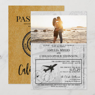 Guld California Passport Bröllop Inbjudningar