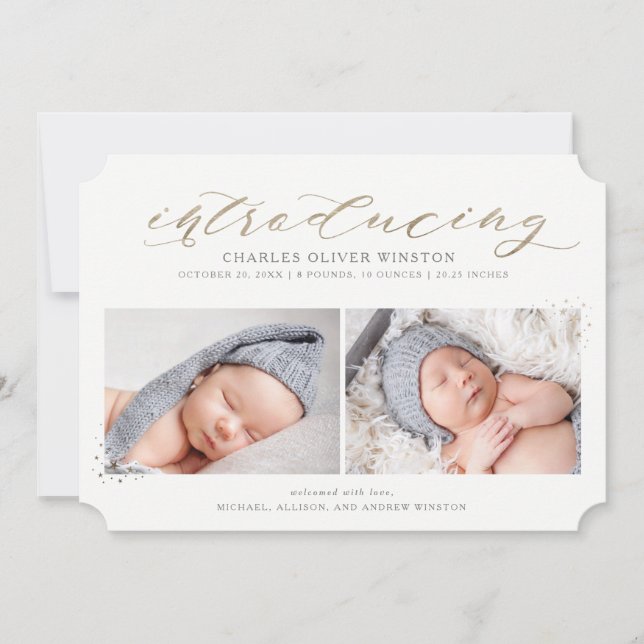 Guld Calligraphy Birth Notice in Faux Foil Meddelande (Framsida)