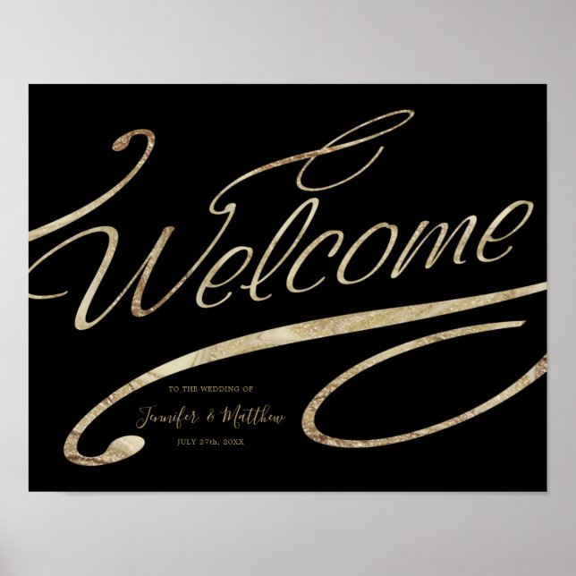 Guld Calligraphy Black Welcome Bröllop Poster (Framsidan)