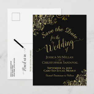 Guld Calligraphy Bröllop spara datum Black Meddelande Vykort
