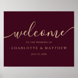 Guld Calligraphy Burgundy Welcome Bröllop Poster