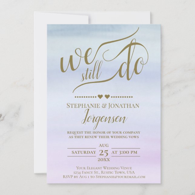 Guld Calligraphy Dusty Blue & Lilac Vow Renewal Inbjudningar (Framsida)