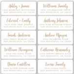 Guld Calligraphy Guest Adressetiketters vykort Klistermärken<br><div class="desc">Enkel att anpassa, namn och adress/enskilda bröllop-adressetiketter för gäster på en 2 x 0, 8-tums storlek som passar för vykort! De här chicen, moderna adressetiketter och i snyggt bröllop har bröllop gäst namn i guld-elegantens handskrivna manusgrafi på vit bakgrund. Lägg bara till er enskilda gäst bröllop namn och adress. Enbart...</div>