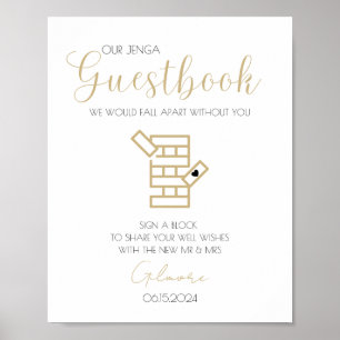 Guld Calligraphy Jenga Guestbook Bröllop Poster