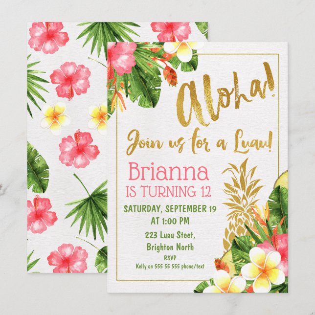 Guld Calligraphy Luau Birthday-inbjudan Inbjudningar (Fram/baksida)