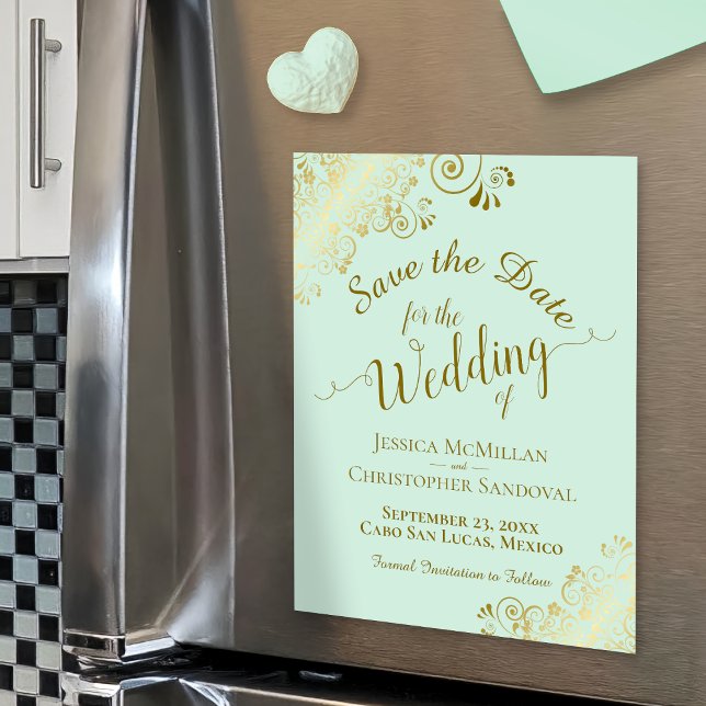 Guld Calligraphy Mint Grönt Spara datum magneter (Skapare uppladdad)