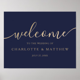 Guld Calligraphy Navy Blue Welcome Bröllop Poster