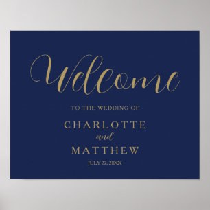 Guld Calligraphy Navy Blue Welcome Bröllop Poster