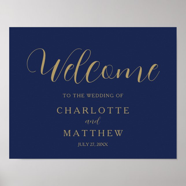 Guld Calligraphy Navy Blue Welcome Bröllop Poster (Framsidan)