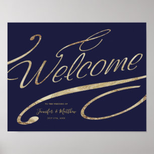 Guld Calligraphy Navy Blue Welcome Bröllop Poster