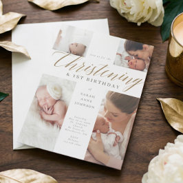 Guld Calligraphy Photo Christening & 1st Birthday Inbjudningar