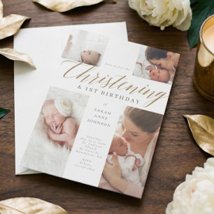 Guld Calligraphy Photo Christening & 1st Birthday Inbjudningar