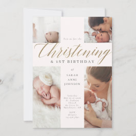 Guld Calligraphy Photo Christening & 1st Birthday Inbjudningar