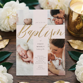 Guld Calligraphy Photo Collage Baby Baptism Kor Inbjudningar