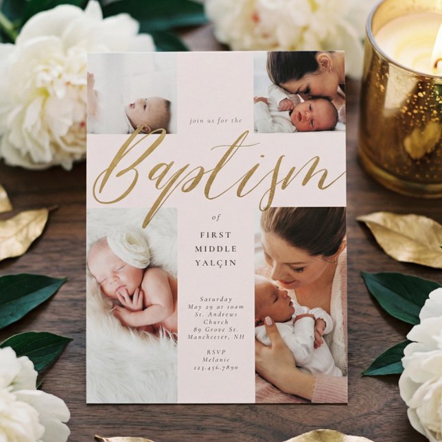 Guld Calligraphy Photo Collage Baby Baptism Kor Inbjudningar (Gold Calligraphy Photo Collage Baby Baptism Cross Invitation)
