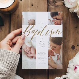 Guld Calligraphy Photo Collage Baby Baptism Kor Inbjudningar