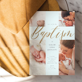 Guld Calligraphy Photo Collage Baby Baptism Kor Inbjudningar