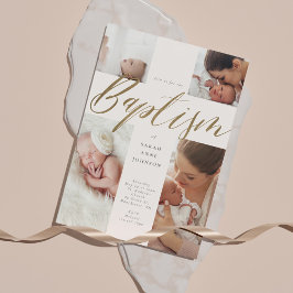 Guld Calligraphy Photo Collage Baby Baptism Kor Inbjudningar