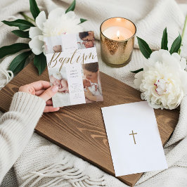 Guld Calligraphy Photo Collage Baby Baptism Kor Inbjudningar