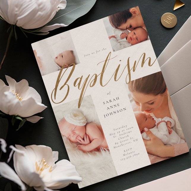 Guld Calligraphy Photo Collage Baby Baptism Kor Inbjudningar (Gold Calligraphy Photo Collage Baby Baptism Cross Invitation)