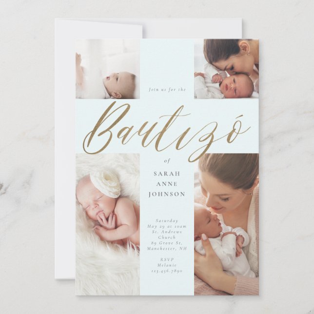 Guld Calligraphy Photo Collage Baby Bautizó Kor Inbjudningar (Framsida)