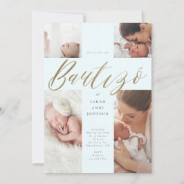 Guld Calligraphy Photo Collage Baby Bautizó Kor Inbjudningar