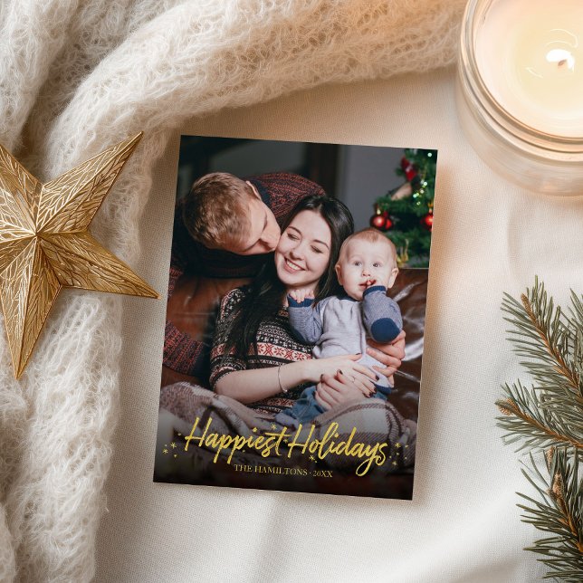 Guld Calligraphy Photo Happiest Helgdagars jul Vykort (Skapare uppladdad)