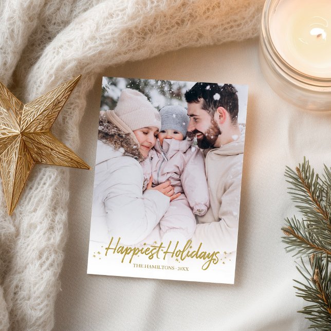 Guld Calligraphy Photo Happiest Helgdagars jul Vykort (Skapare uppladdad)