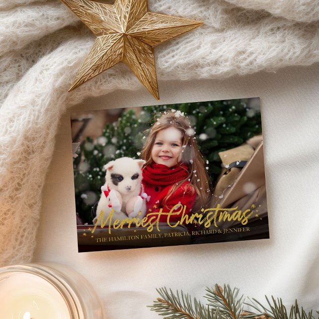 Guld Calligraphy Photo Merriest jul-Helgdagar Vykort (Skapare uppladdad)