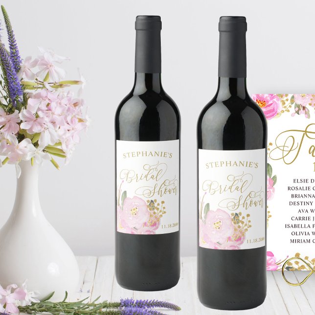 Guld Calligraphy Rosa Blommigt Möhippa Vinflaska Etikett (Bridal Shower wine bottle labels from my Pink and Gold Watercolor Floral Collection)