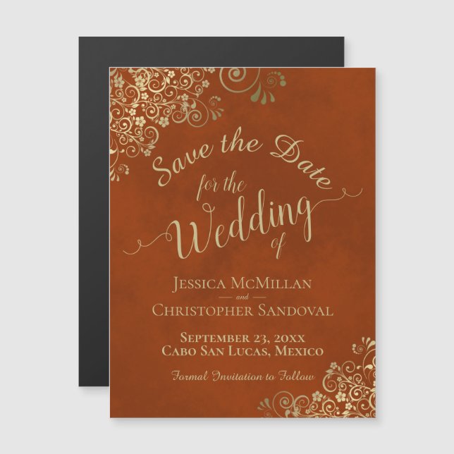 Guld Calligraphy Rust Orange Spara datum magneter (Fram/baksida)