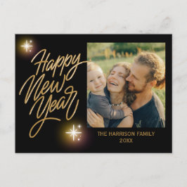 Guld Calligraphy Twinkle Star Photo New Year Black Vykort